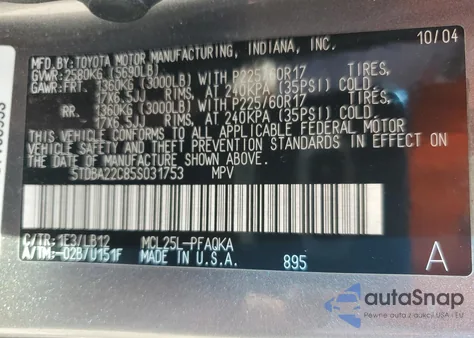 2005 Toyota Sienna Xle z USA, uszkodzony, nr VIN 5TDBA22C85S031753